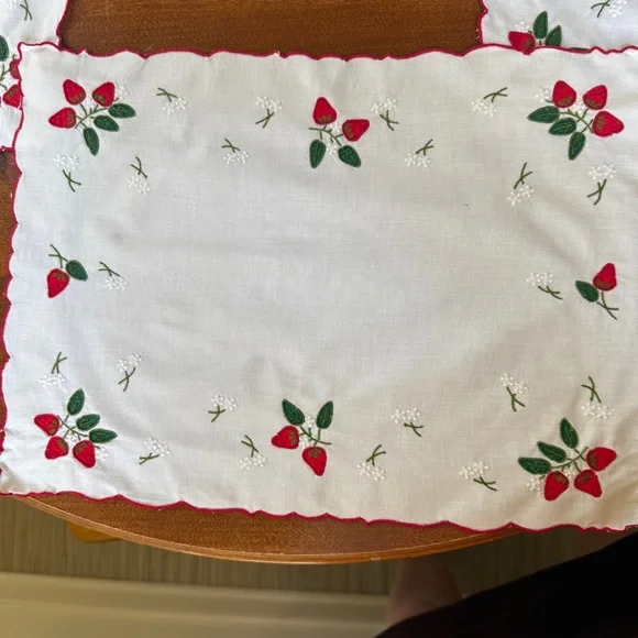 Vintage Strawberry Embroidered White Napkins & Placemats - set of 8